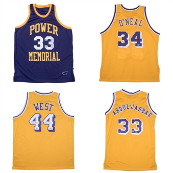 Lot of (4) Los Angeles Lakers Hall of Famers Signed Jerseys: West, ONeal & Abdul-Jabbar (Arenas LOA, PSA/DNA & Beckett)